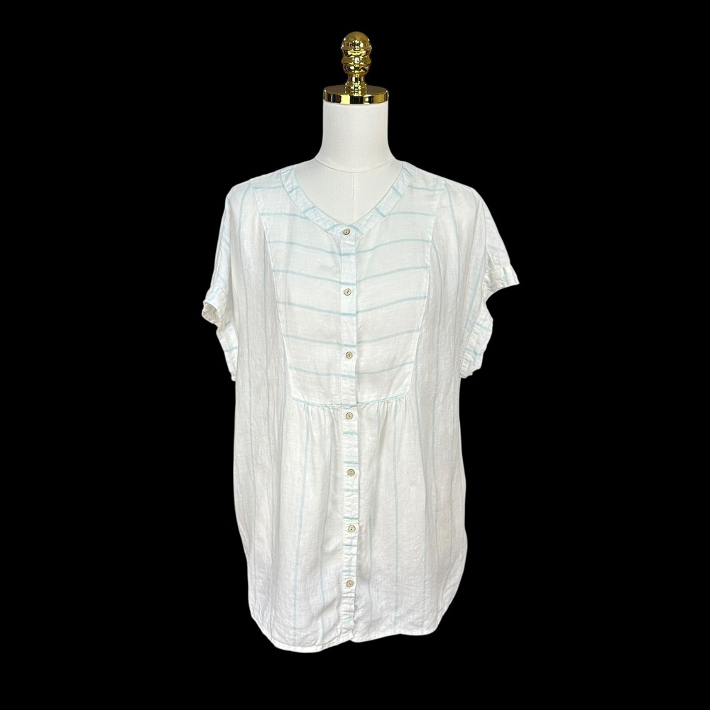 Christian Siriano White Blue Striped Linen Blend Short Sleeve Button Blouse